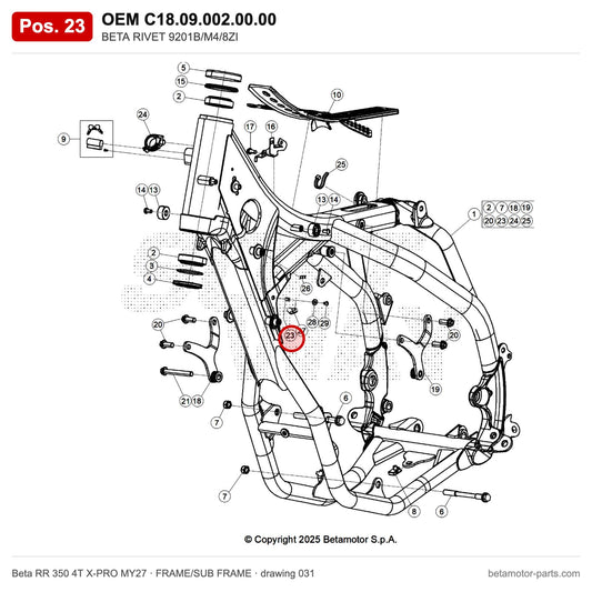 BETA RIVET 9201B/M4/8ZI – OEM C18.09.002.00.00, position 23 on the Beta RR 350 4T X-PRO MY27 frame/sub frame drawing
