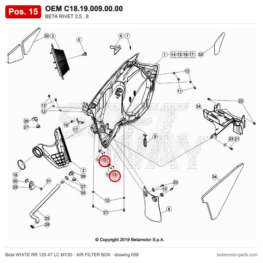 BETA RIVET 2,5 . 8 – OEM C18.19.009.00.00, position 15 on the Beta WHITE RR 125 4T LC MY20 air filter box drawing