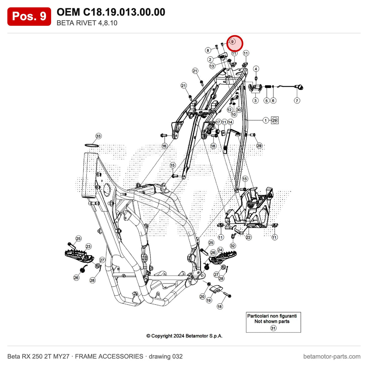 BETA RIVET 4,8.10 – OEM C18.19.013.00.00, position 9 on the Beta RX 250 2T MY27 frame accessories drawing