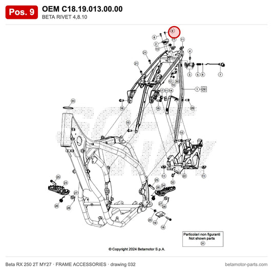BETA RIVET 4,8.10 – OEM C18.19.013.00.00, position 9 on the Beta RX 250 2T MY27 frame accessories drawing