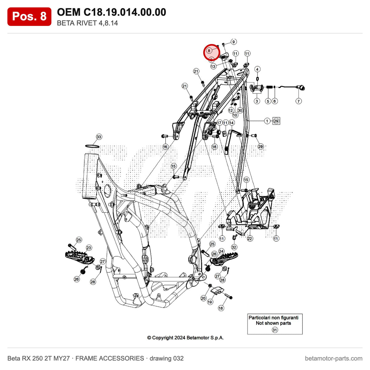 BETA RIVET 4,8.14 – OEM C18.19.014.00.00, position 8 on the Beta RX 250 2T MY27 frame accessories drawing