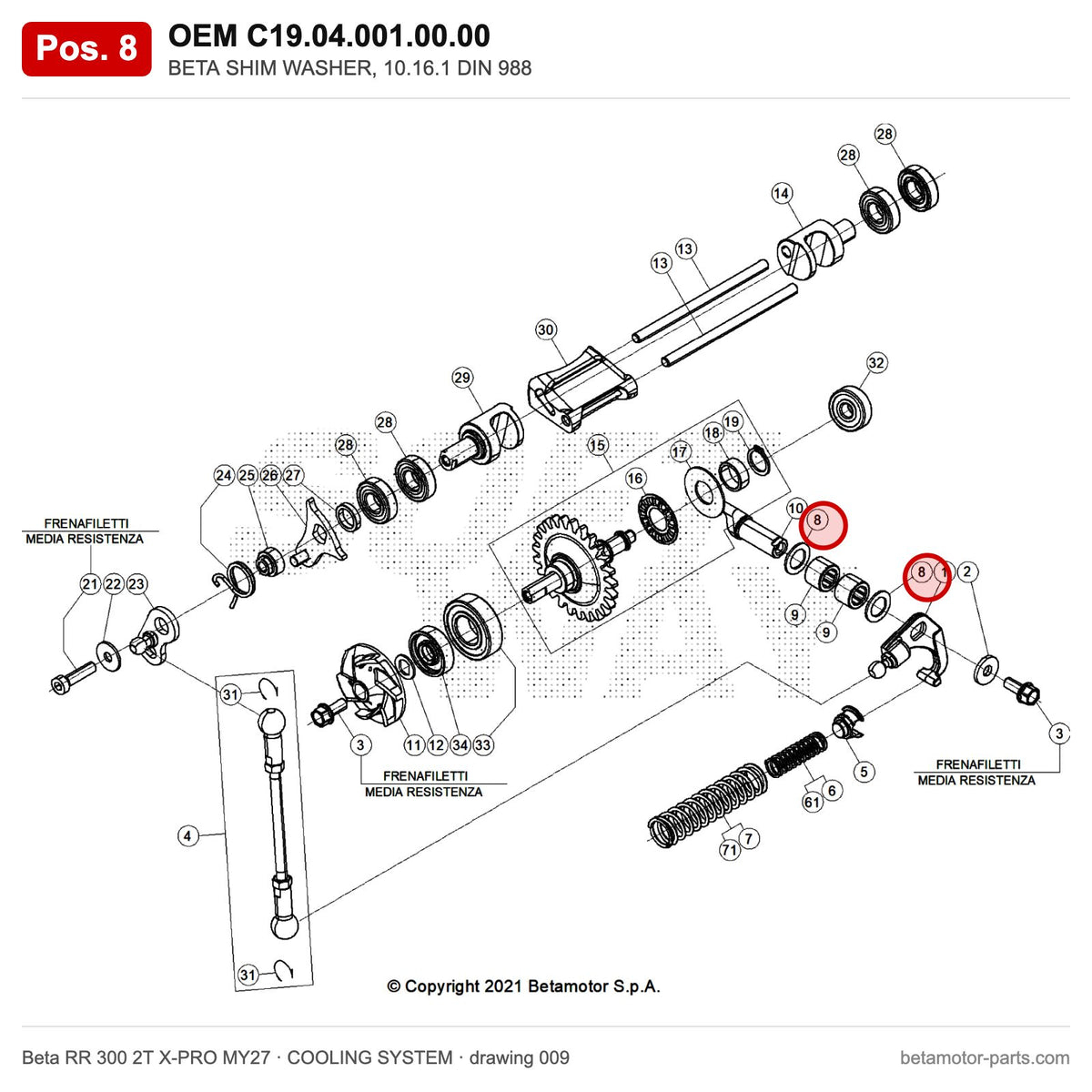 BETA SHIM WASHER, 10.16.1 DIN 988 – OEM C19.04.001.00.00, position 8 on the Beta RR 300 2T X-PRO MY27 cooling system drawing