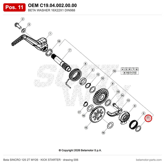 BETA WASHER 16X22X1 DIN988 – OEM C19.04.002.00.00, position 11 on the Beta SINCRO 125 2T MY26 kick starter drawing