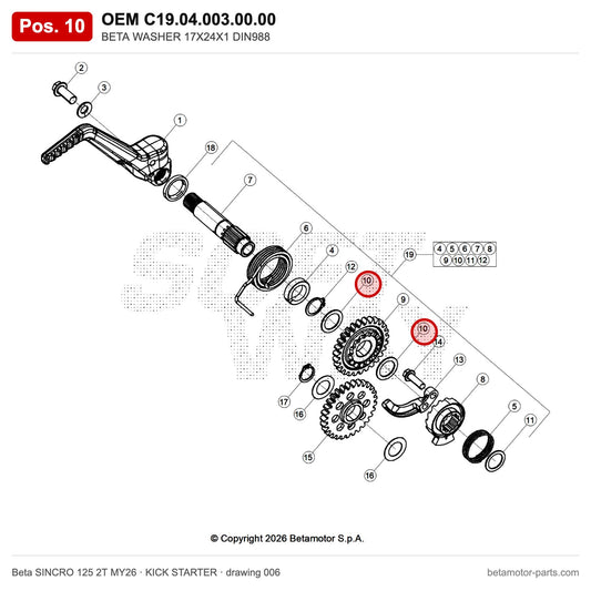 BETA WASHER 17X24X1 DIN988 – OEM C19.04.003.00.00, position 10 on the Beta SINCRO 125 2T MY26 kick starter drawing
