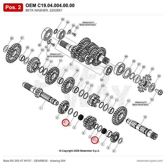 BETA WASHER, 22X28X1 – OEM C19.04.004.00.00, position 2 on the Beta RX 250 4T MY27 gearbox drawing