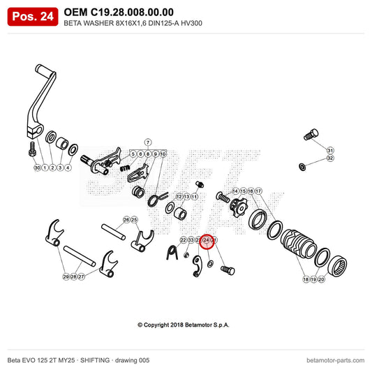 BETA WASHER 8X16X1,6 DIN125-A HV300 – OEM C19.28.008.00.00, position 24 on the Beta EVO 125 2T MY25 shifting drawing