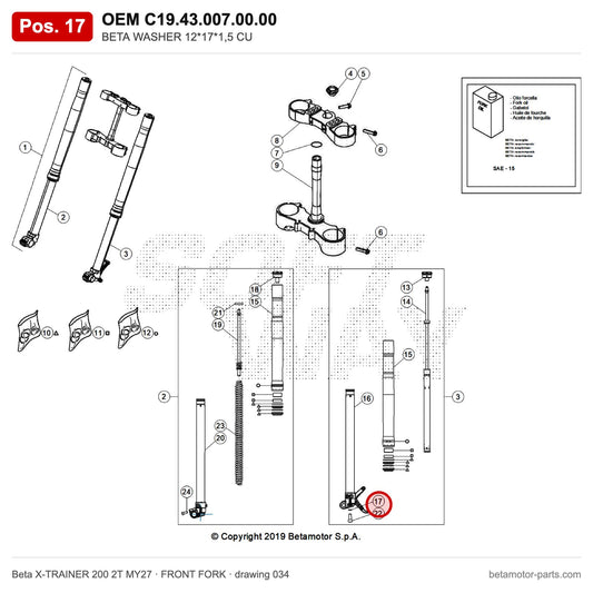BETA WASHER 12*17*1,5 CU – OEM C19.43.007.00.00, position 17 on the Beta X-TRAINER 200 2T MY27 front fork drawing