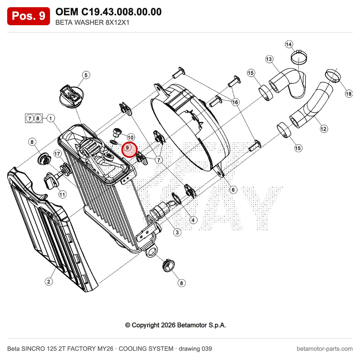 BETA WASHER 8X12X1 – OEM C19.43.008.00.00, position 9 on the Beta SINCRO 125 2T FACTORY MY26 cooling system drawing