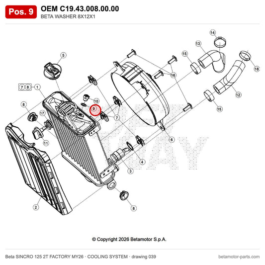 BETA WASHER 8X12X1 – OEM C19.43.008.00.00, position 9 on the Beta SINCRO 125 2T FACTORY MY26 cooling system drawing