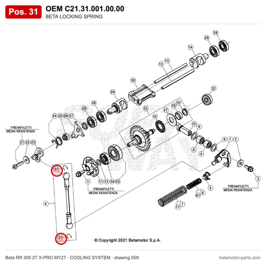 BETA LOCKING SPRING – OEM C21.31.001.00.00, position 31 on the Beta RR 300 2T X-PRO MY27 cooling system drawing