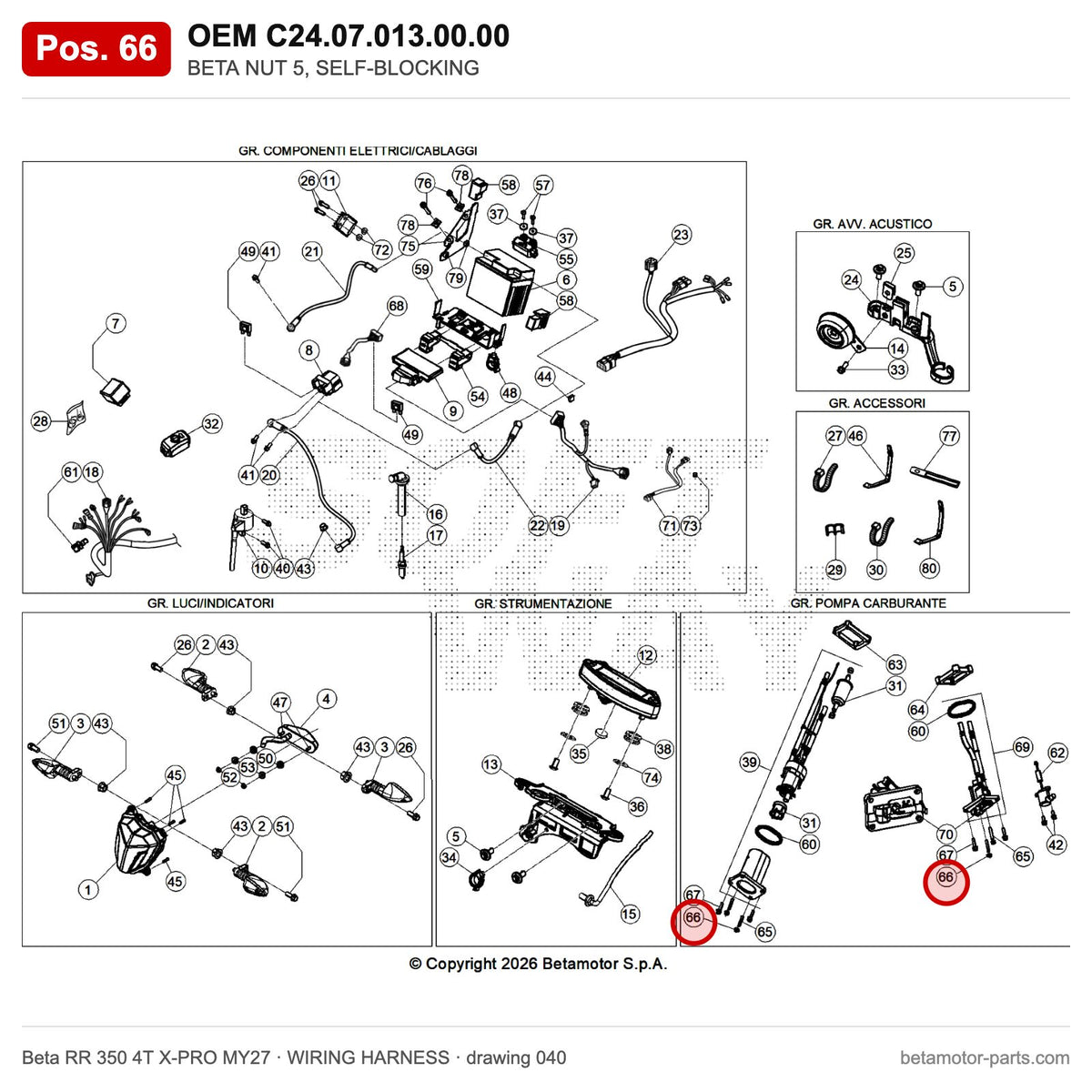 BETA NUT 5, SELF-BLOCKING – OEM C24.07.013.00.00, position 66 on the Beta RR 350 4T X-PRO MY27 wiring harness drawing