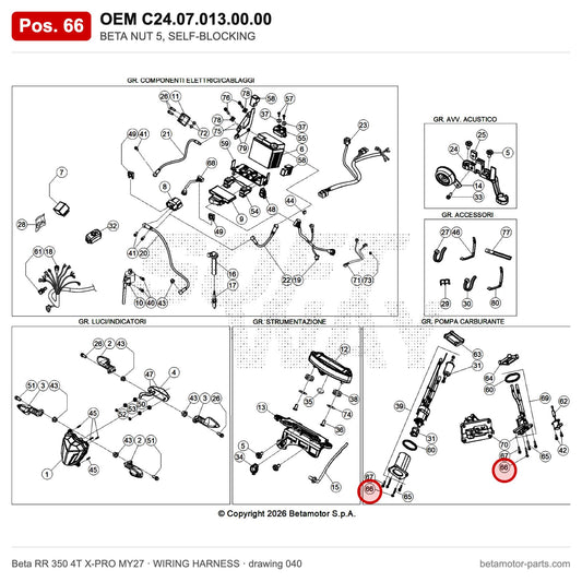 BETA NUT 5, SELF-BLOCKING – OEM C24.07.013.00.00, position 66 on the Beta RR 350 4T X-PRO MY27 wiring harness drawing