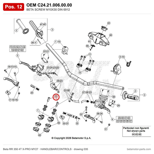 BETA SCREW M10X30 DIN 6912 – OEM C24.21.006.00.00, position 12 on the Beta RR 350 4T X-PRO MY27 handlebar/controls drawing