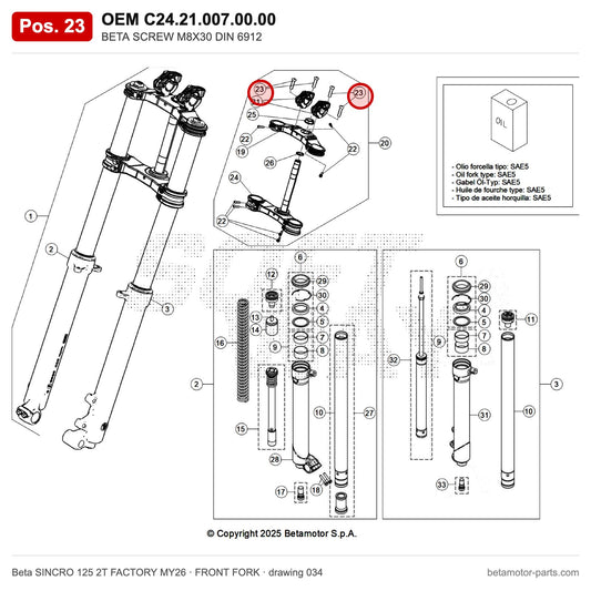 BETA SCREW M8X30 DIN 6912 – OEM C24.21.007.00.00, position 23 on the Beta SINCRO 125 2T FACTORY MY26 front fork drawing