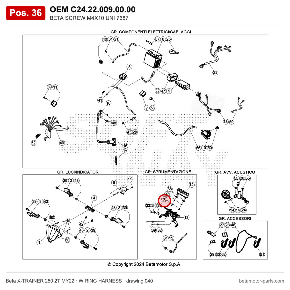 BETA SCREW M4X10 UNI 7687 – OEM C24.22.009.00.00, position 36 on the Beta X-TRAINER 250 2T MY22 wiring harness drawing