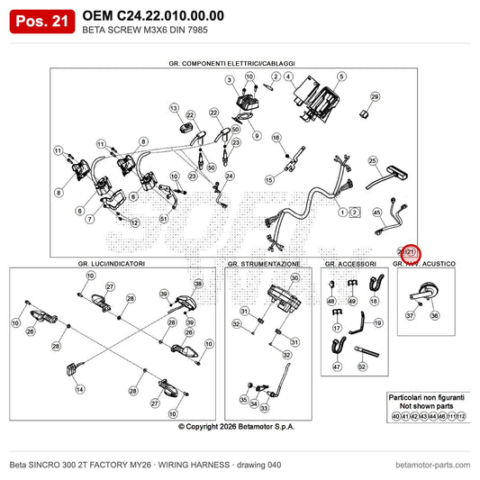 BETA SCREW M3X6 DIN 7985 – OEM C24.22.010.00.00, position 21 on the Beta SINCRO 300 2T FACTORY MY26 wiring harness drawing
