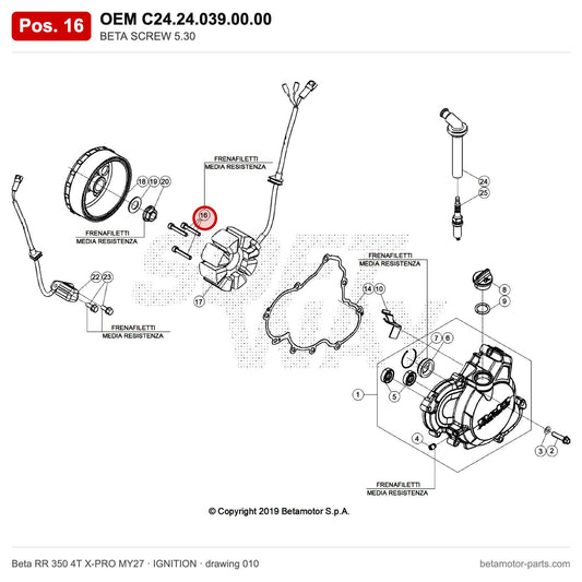 BETA SCREW 5.30 – OEM C24.24.039.00.00, position 16 on the Beta RR 350 4T X-PRO MY27 ignition drawing