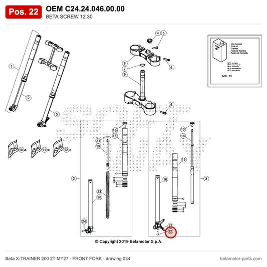 BETA SCREW 12.30 – OEM C24.24.046.00.00, position 22 on the Beta X-TRAINER 200 2T MY27 front fork drawing