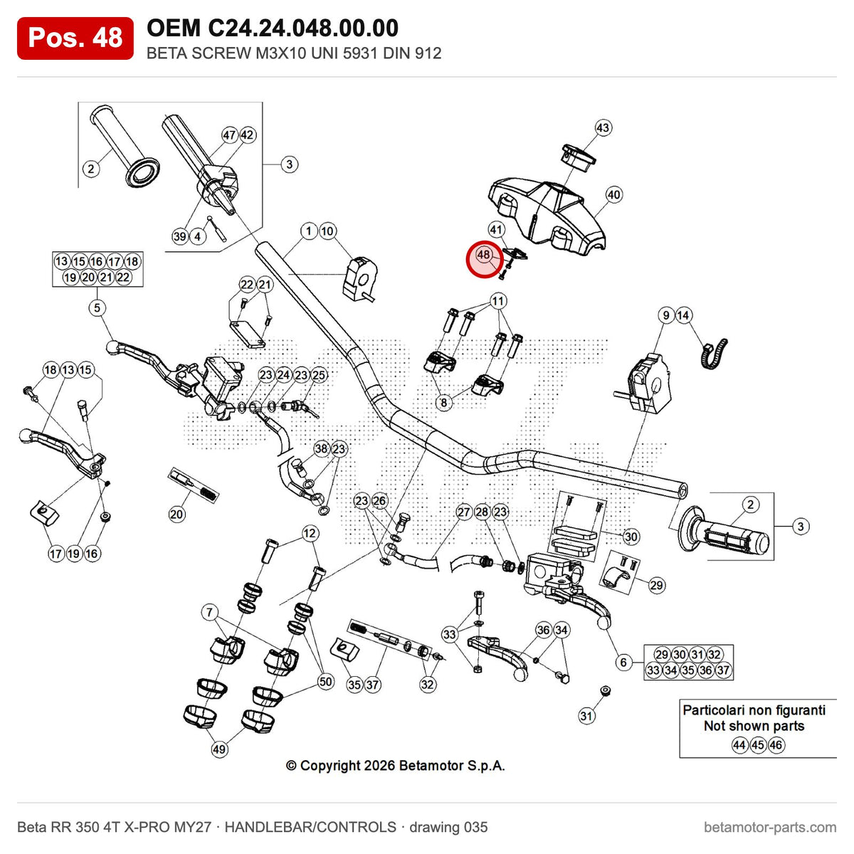 BETA SCREW M3X10 UNI 5931 DIN 912 – OEM C24.24.048.00.00, position 48 on the Beta RR 350 4T X-PRO MY27 handlebar/controls drawing