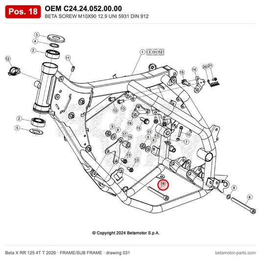 BETA SCREW M10X90 12.9 UNI 5931 DIN 912 – OEM C24.24.052.00.00, position 18 on the Beta X RR 125 4T T 2026 frame/sub frame drawing