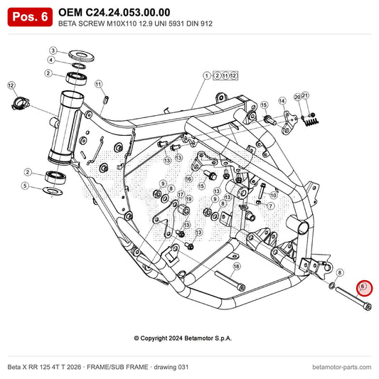 BETA SCREW M10X110 12.9 UNI 5931 DIN 912 – OEM C24.24.053.00.00, position 6 on the Beta X RR 125 4T T 2026 frame/sub frame drawing
