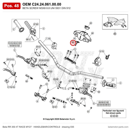 BETA SCREW M3X8 8.8 UNI 5931 DIN 912 – OEM C24.24.061.00.00, position 48 on the Beta RR 350 4T RACE MY27 handlebar/controls drawing