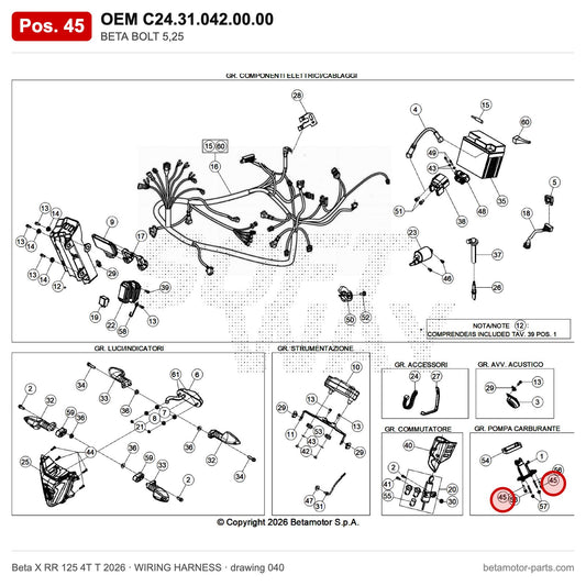 BETA BOLT 5,25 – OEM C24.31.042.00.00, position 45 on the Beta X RR 125 4T T 2026 wiring harness drawing