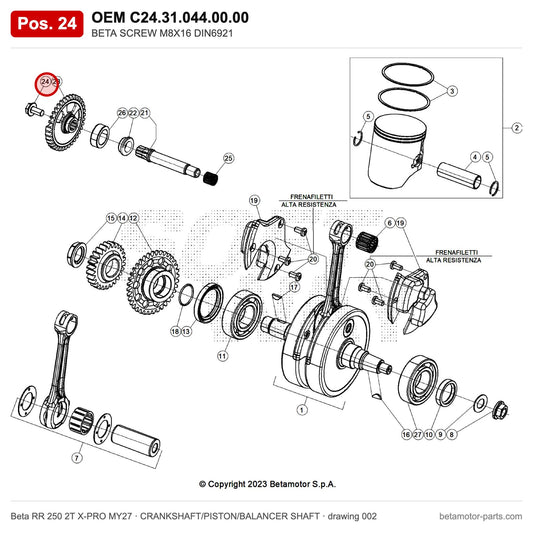 BETA SCREW M8X16 DIN6921 – OEM C24.31.044.00.00, position 24 on the Beta RR 250 2T X-PRO MY27 crankshaft/piston/balancer shaft drawing