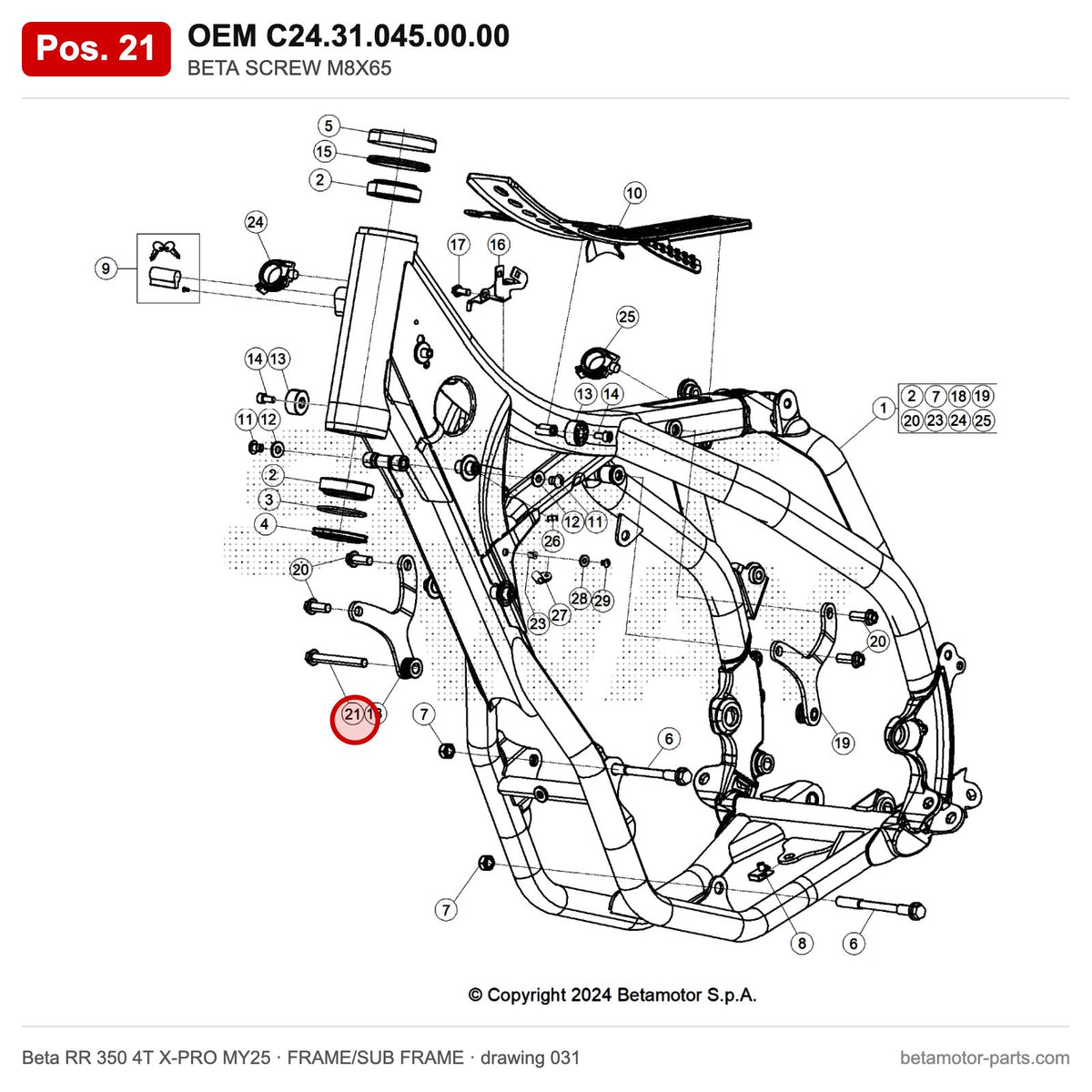 BETA SCREW M8X65 – OEM C24.31.045.00.00, position 21 on the Beta RR 350 4T X-PRO MY25 frame/sub frame drawing