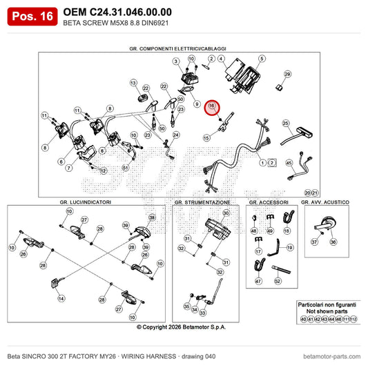 BETA SCREW M5X8 8.8 DIN6921 – OEM C24.31.046.00.00, position 16 on the Beta SINCRO 300 2T FACTORY MY26 wiring harness drawing