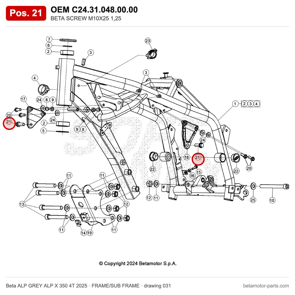 BETA SCREW M10X25 1,25 – OEM C24.31.048.00.00, position 21 on the Beta ALP GREY ALP X 350 4T 2025 frame/sub frame drawing