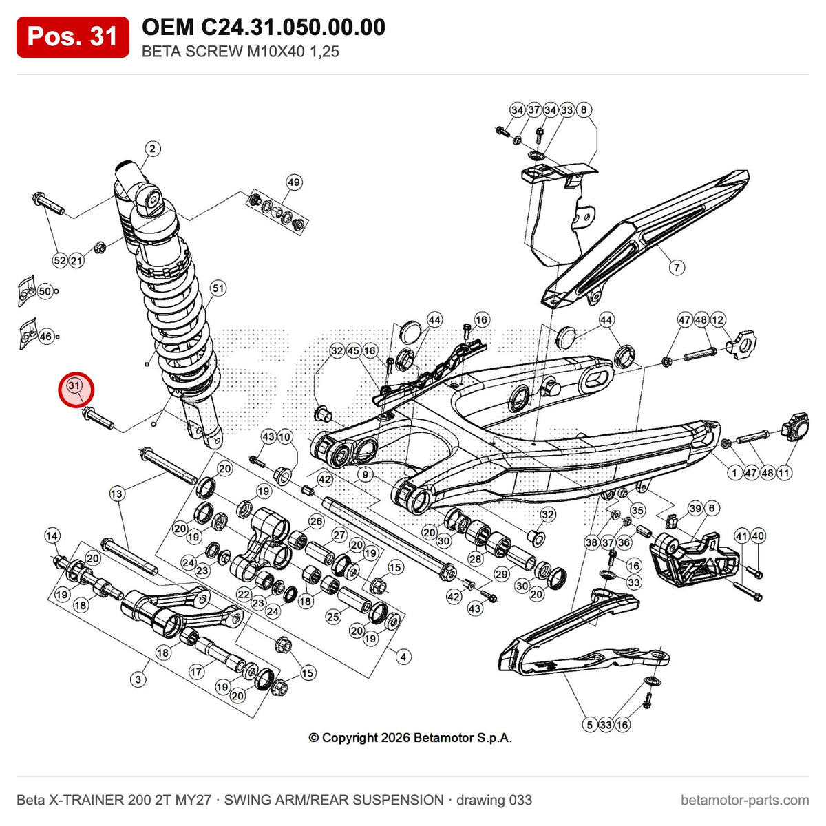 BETA SCREW M10X40 1,25 – OEM C24.31.050.00.00, position 31 on the Beta X-TRAINER 200 2T MY27 swing arm/rear suspension drawing