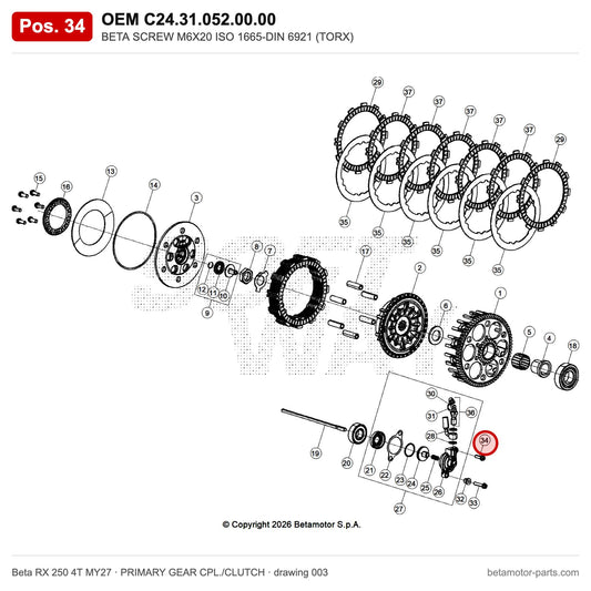 BETA SCREW M6X20 ISO 1665-DIN 6921 (TORX) – OEM C24.31.052.00.00, position 34 on the Beta RX 250 4T MY27 primary gear cpl./clutch drawing