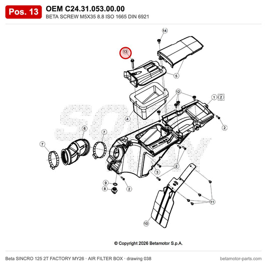 BETA SCREW M5X35 8.8 ISO 1665 DIN 6921 – OEM C24.31.053.00.00, position 13 on the Beta SINCRO 125 2T FACTORY MY26 air filter box drawing