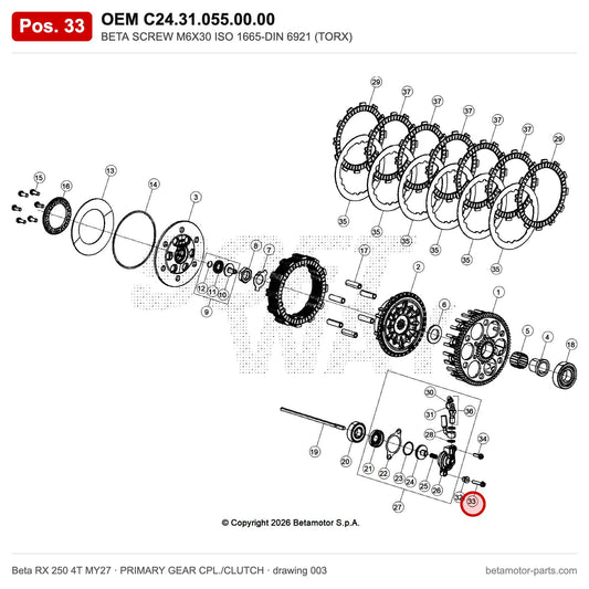 BETA SCREW M6X30 ISO 1665-DIN 6921 (TORX) – OEM C24.31.055.00.00, position 33 on the Beta RX 250 4T MY27 primary gear cpl./clutch drawing