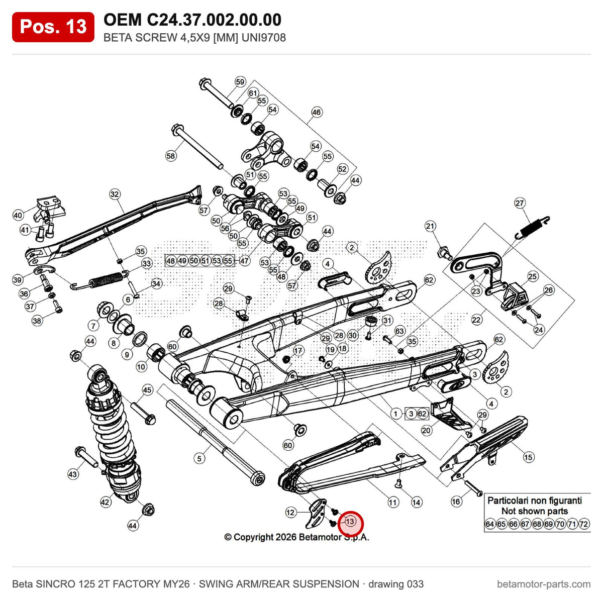 BETA SCREW 4,5X9 [MM] UNI9708 – OEM C24.37.002.00.00, position 13 on the Beta SINCRO 125 2T FACTORY MY26 swing arm/rear suspension drawing
