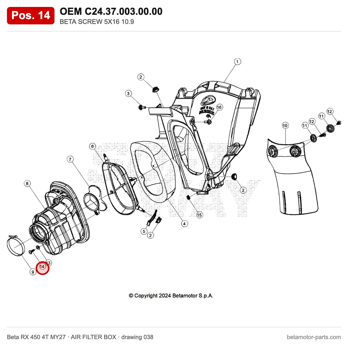 BETA SCREW 5X16 10.9 – OEM C24.37.003.00.00, position 14 on the Beta RX 450 4T MY27 air filter box drawing