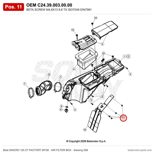 BETA SCREW M4,8X13 8.8 TX ISO7049 DIN7981 – OEM C24.39.003.00.00, position 11 on the Beta SINCRO 125 2T FACTORY MY26 air filter box drawing