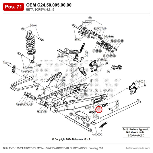 BETA SCREW – OEM C24.50.005.00.00, position 71 on the Beta EVO 125 2T FACTORY MY24 swing arm/rear suspension drawing