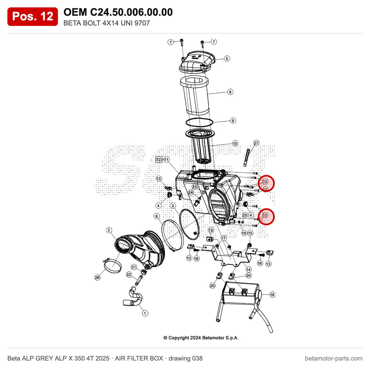 BETA SCREW 4X14 UNI 9707 – OEM C24.50.006.00.00, position 12 on the Beta ALP GREY ALP X 350 4T 2025 air filter box drawing