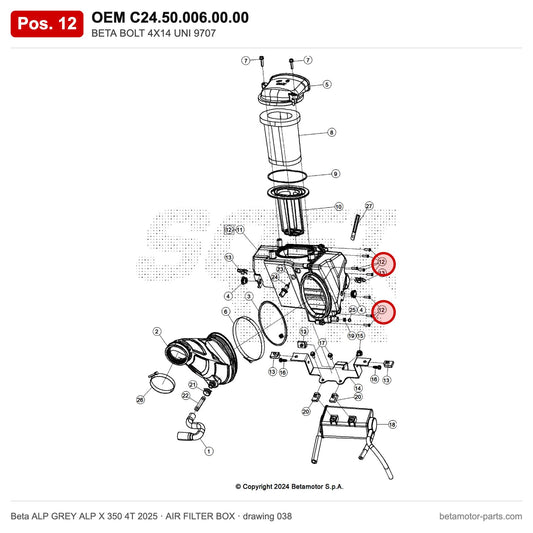 BETA SCREW 4X14 UNI 9707 – OEM C24.50.006.00.00, position 12 on the Beta ALP GREY ALP X 350 4T 2025 air filter box drawing