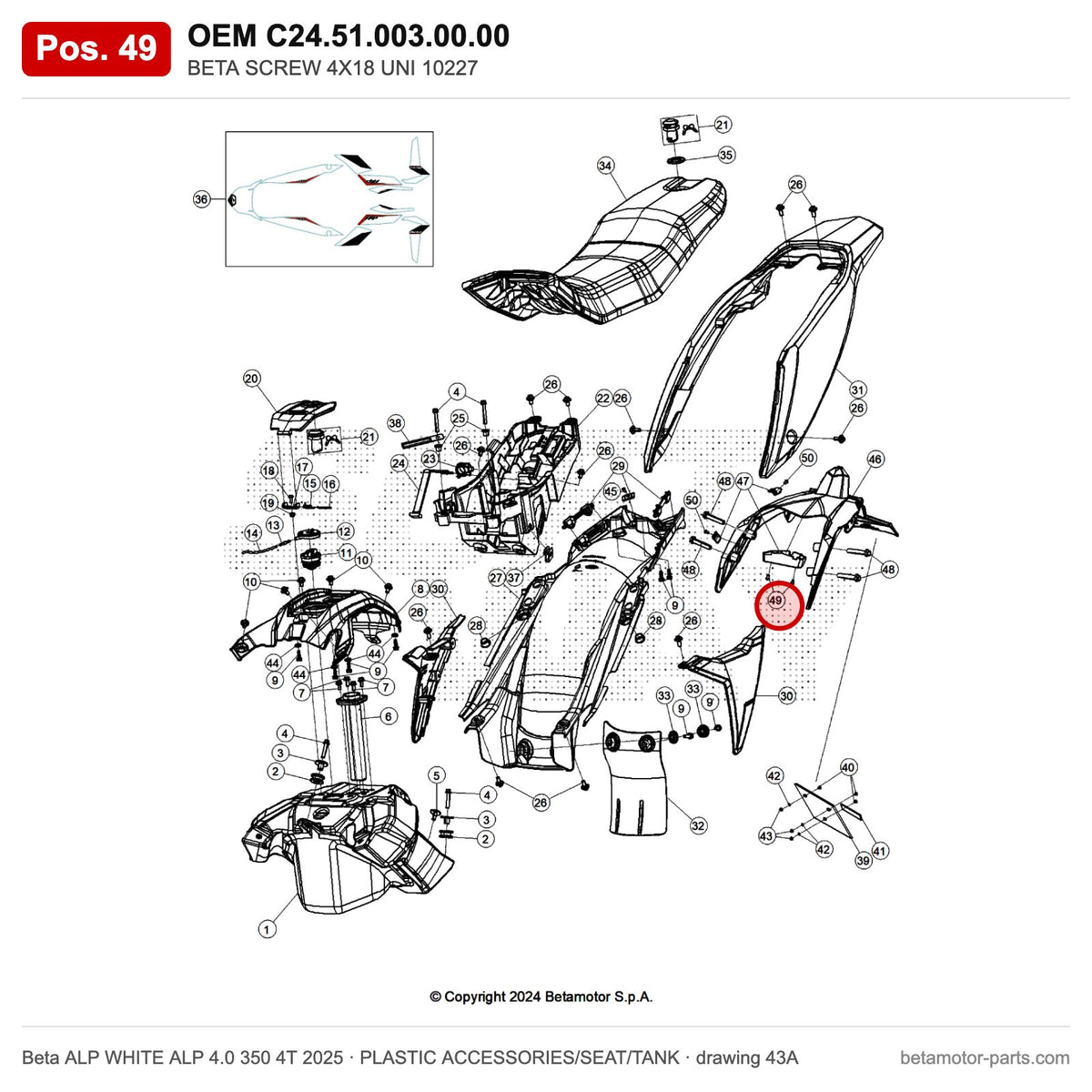 BETA SCREW 4X18 UNI 10227 – OEM C24.51.003.00.00, position 49 on the Beta ALP WHITE ALP 4.0 350 4T 2025 plastic accessories/seat/tank drawing