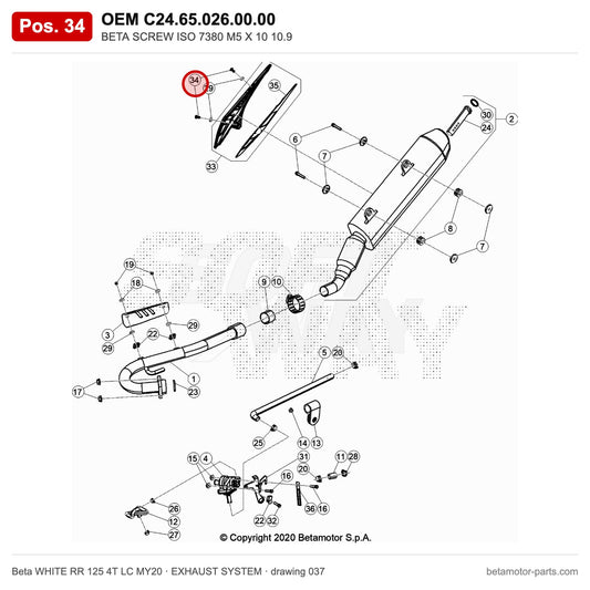 BETA SCREW ISO 7380 M5 X 10 10.9 – OEM C24.65.026.00.00, position 34 on the Beta WHITE RR 125 4T LC MY20 exhaust system drawing