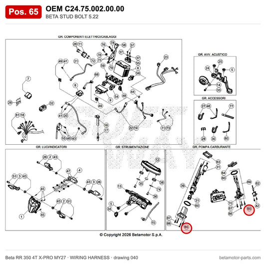 BETA STUD BOLT 5.22 – OEM C24.75.002.00.00, position 65 on the Beta RR 350 4T X-PRO MY27 wiring harness drawing