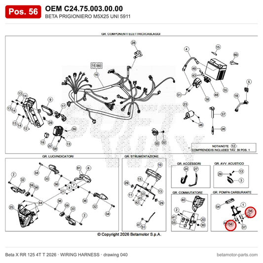 BETA STUD M5X25 UNI 5911 – OEM C24.75.003.00.00, position 56 on the Beta X RR 125 4T T 2026 wiring harness drawing