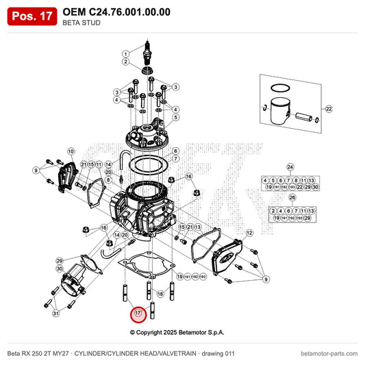 BETA STUD – OEM C24.76.001.00.00, position 17 on the Beta RX 250 2T MY27 cylinder/cylinder head/valvetrain drawing