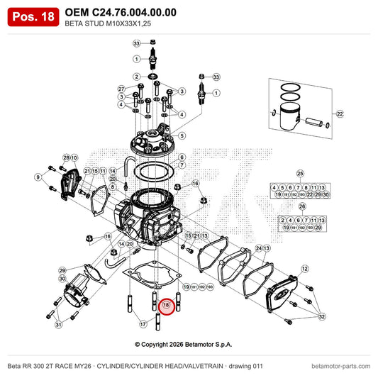 BETA STUD M10X33X1,25 – OEM C24.76.004.00.00, position 18 on the Beta RR 300 2T RACE MY26 cylinder/cylinder head/valvetrain drawing