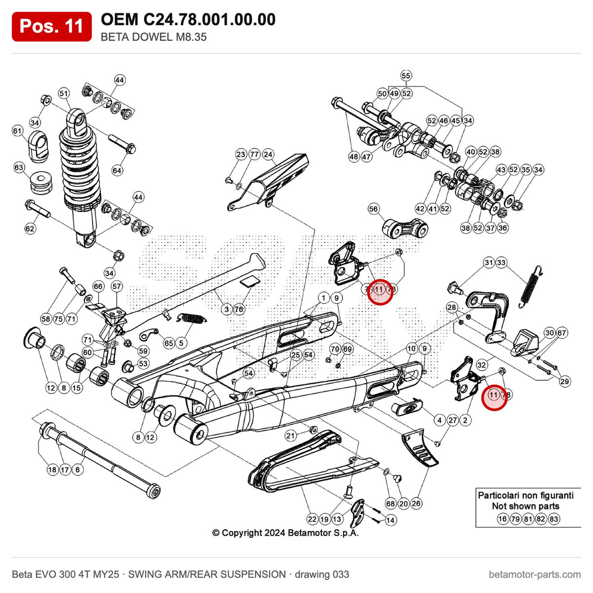 BETA DOWEL M8.35 – OEM C24.78.001.00.00, position 11 on the Beta EVO 300 4T MY25 swing arm/rear suspension drawing