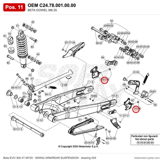 BETA DOWEL M8.35 – OEM C24.78.001.00.00, position 11 on the Beta EVO 300 4T MY25 swing arm/rear suspension drawing
