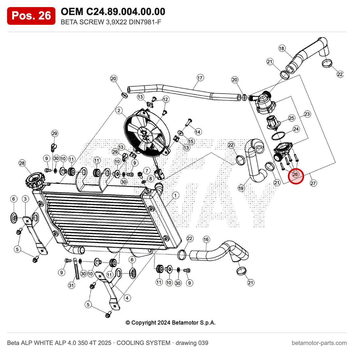 BETA SCREW 3,9X22 DIN7981-F – OEM C24.89.004.00.00, position 26 on the Beta ALP WHITE ALP 4.0 350 4T 2025 cooling system drawing